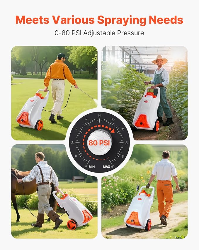 VEVOR 13.1 Gallon Battery Powered Sprayer with Wheels Adjustable 0-80 PSI 5 Nozzles and 98ft Hose Included Orange