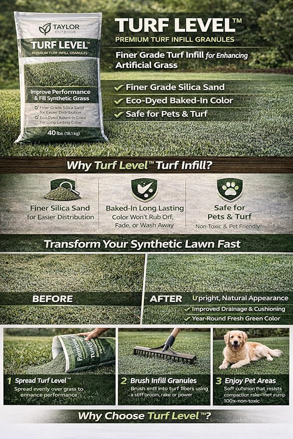 Turf Level™ Premium Artificial Turf Infill Sand – Finer Grade Silica Eco-Dyed Baked-in Color Pet-Safe Synthetic Grass Infill – 40 lbs