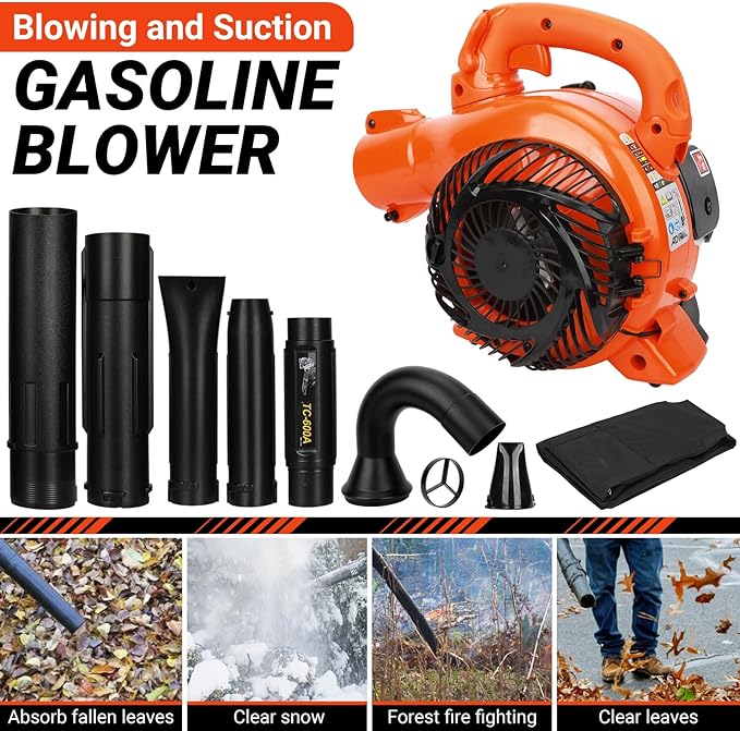 2-Stroke Handheld Gas Powered Leaf Blower Powerful 26cc Leaf Blower with Bag 424 CFM Air Volume Dual-Purpose Leaf Vacuum Mulcher with Bag Durable Blowers for Cleaning Leaf Snow Home Easy Start