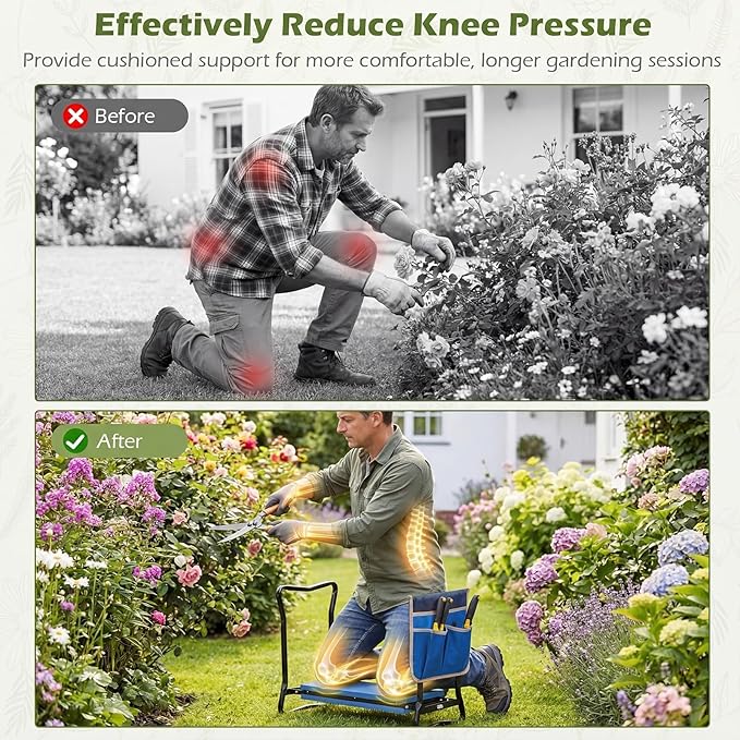 Goplus Garden Kneeler and Seat Heavy-Duty Garden Bench w/Large Tool Pouch Widen EVA Foam Kneeling Pad Portable Gardening Helper for Women Men Seniors Foldable Garden Stool for Kneeling &amp Sitti