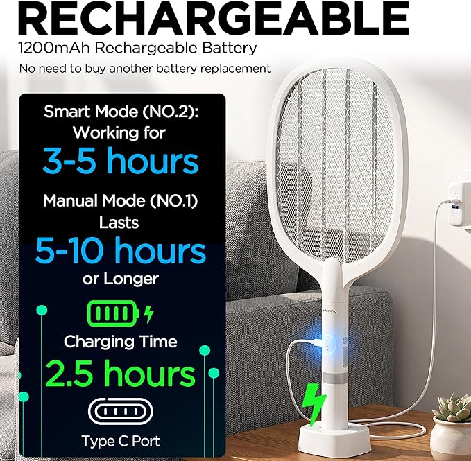 Fly Swatter Electric(2 Pack) USB-C Rechargeable Electric Mosquito Racket Portable Handheld Cordless Electric Bug Zapper Indoor Racket to Kill Mosquitoes Wasps Gnats Flies Bugs with Stand