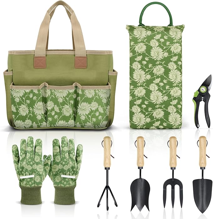 Colwelt Garden Tools Set 8 Piece Heavy Duty Gardening Tools with Wooden Handle Including Garden Tote Kneeling Pad Gloves Pruner Trowel Tulip Trowel Cultivator - Gardening Gifts for Women Men