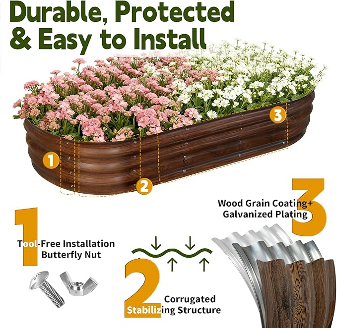 Galvanized Raised Garden Bed Outdoor Large Raised Bed for Gardening 6x3x1ft Oval Metal Planter Box for Vegetables Fruits Flowers Dark Brown Wood Grain