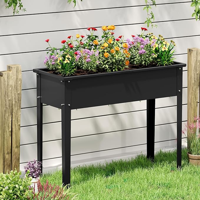 Giantex Metal Raised Garden Bed with Legs Elevated Planter Box with Drainage Holes for Vegetable Fruit Flower Herb Outdoor Standing Gardening Box for Balcony Backyard Patio Porch (40”x16”x32”)
