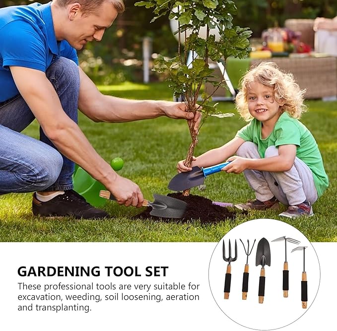 5pcs Garden Tool Set with Ergonomic Hand Trowels and Rake Practical Outdoor Planting Shovels with Storage Rack for Gardening and Lawn Care