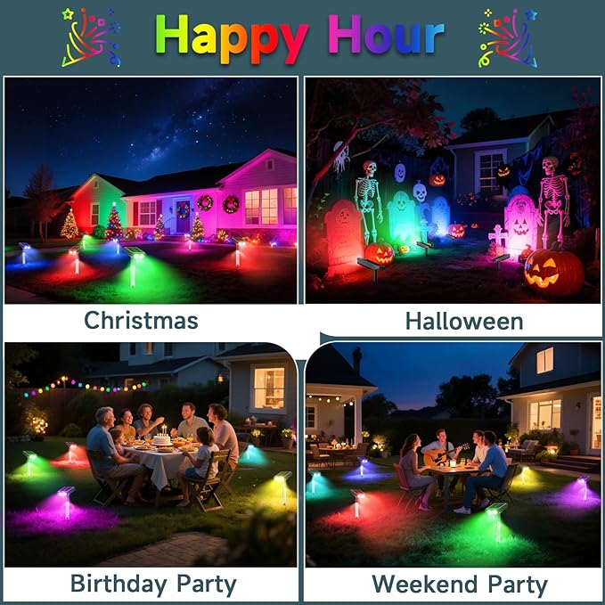 RGB Solar Spot Lights : 2 IN 1 Solar Lights Outdoor with 8 Lighting Modes &amp PC Light Guide Column for Tree Garden Yard Pathway | RGB Color Changing Landscape Lights | IP65 Waterproof | 6 Pack
