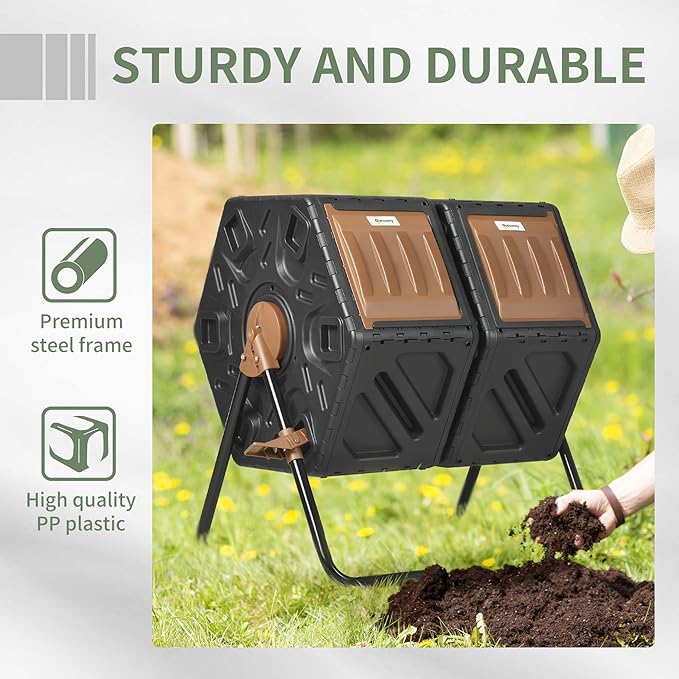 Compost Bin Outdoor 43 Gallon Dual Chamber Tumbling Composting with Sliding Doors Large Compost Tumbler Compost Bin for Garden Kitchen and Yard Waste Black+Brown