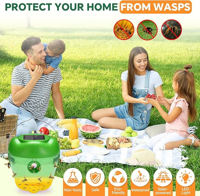 Wasp Trap Solar Wasp Traps Hanging Reusable Yellow Jacket Trap with LED Light Wasps Killer Bee Hornet Traps for Outside Orchard Farm Garden Patio Courtyard