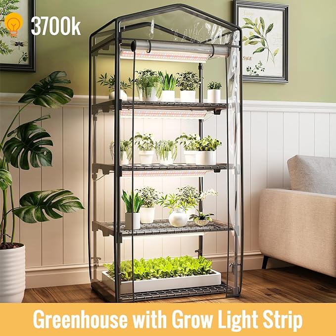 Indoor Greenhouse with Grow Light 4 Tier 1.6FT 80W Full Spectrum Grow Light with Timer Portable Plant Shelves with Waterproof PVC Cover for Seed Starting 26.4L X 19W X 61H