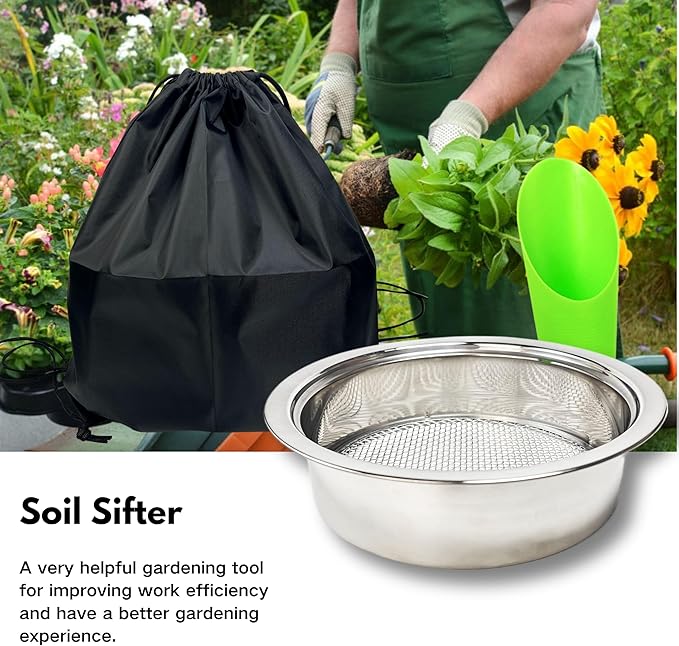 Soil Sifter for Gardening Stainless Steel Sifting Pan Dirt Sifter 9.5in Rock Sifter with 5 Sieve Mesh Filter Sizes
