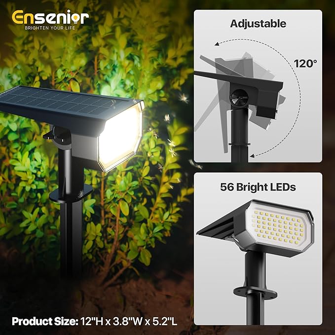 Ensenior Solar Spotlights Outdoor 56 LEDs Brightness Adjustable 3000K LED Solar Garden Lights Halloween Christmas Landscape Lighting for Flag/Yard/Pathway IP65 Waterproof - 6 Pack