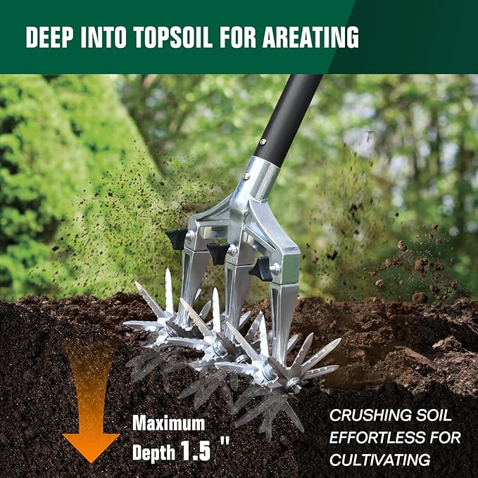 Rotary Cultivator Garden Tool for Gardening and Lawn(61'') Rotary Hand Tiller with Detachable Thicker Tines&ampSturdy Steel Handle Manual Tiller Cultivator for Soil or Reseeding Grass
