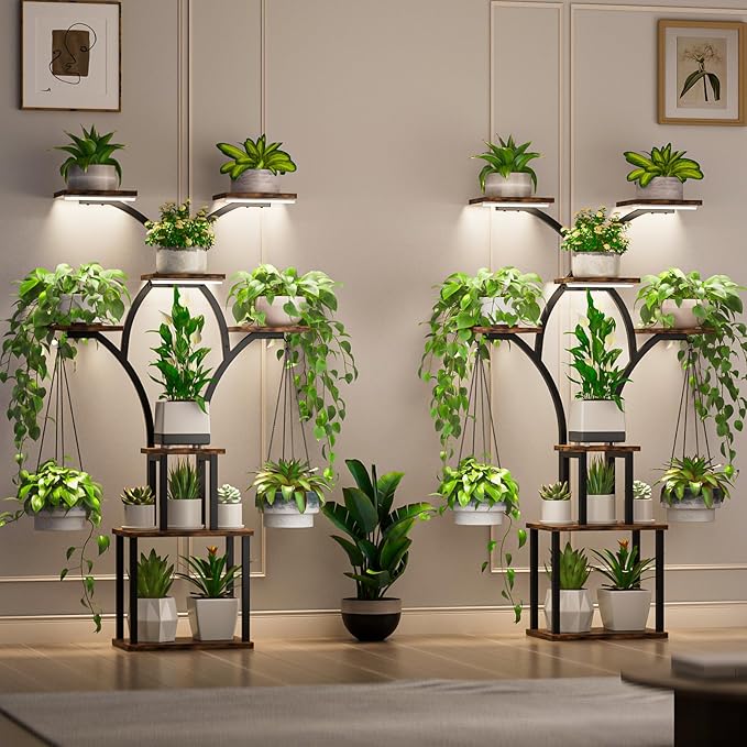 Elbourn Plant Stand Indoor with Grow Lights - 60 Tall Metal Plant Shelf for Multiple Plants 8 Tiered Corner Plant Stands for Indoor Plants X - Shaped Decorative Rack for Home Living Room &amp Pat