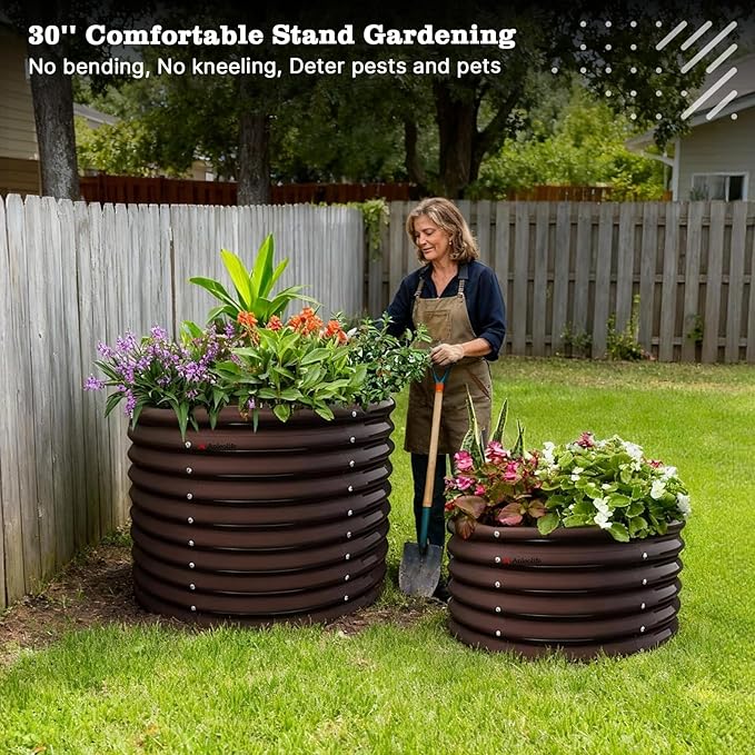 A ANLEOLIFE 30 Extra Tall Galvanized Raised Garden Beds Outdoor 3x2.5ft Round Metal Planter Boxes for Planting Vegetables Flowers Fruits Eco-Safe &amp Easy Setup CaféBronze