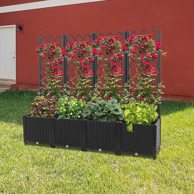 4pcs Planter Box with Trellis Privacy Screen 56H Plastic Raised Garden Bed with Trellis Outdoor Flower Standing Planter with Drainage Hole Privacy Garden Box for Climbing Plants (Dark Black)