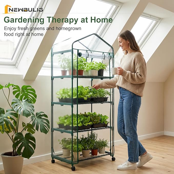 NEWBULIG Mini Greenhouse for Outdoors 4-Tier Portable Green House with Wheels and Clear PVC Cover All-Weather Plant House for Outside and Indoor27.17 x 19.29 x 65.35 Inches