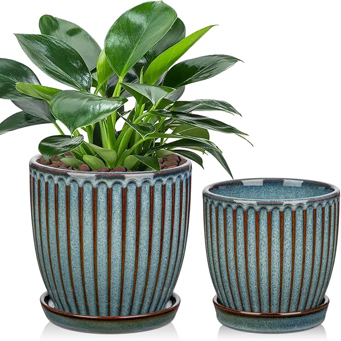 Oairse Ceramic Pots for Indoor Plants 4.9 +5.7 inch Pots for Plants Set of 2 Marble Blue Plant Pots with Drainage Holes and Saucers Texture Ceramic Planters Indoor Outdoor Flower Pots for Succulent