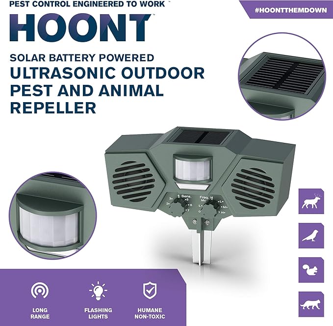 Hoont Solar Powered Motion Activated Ultrasonic with Flashing Strobe Light Outdoor Animal Deer and Pest Repeller