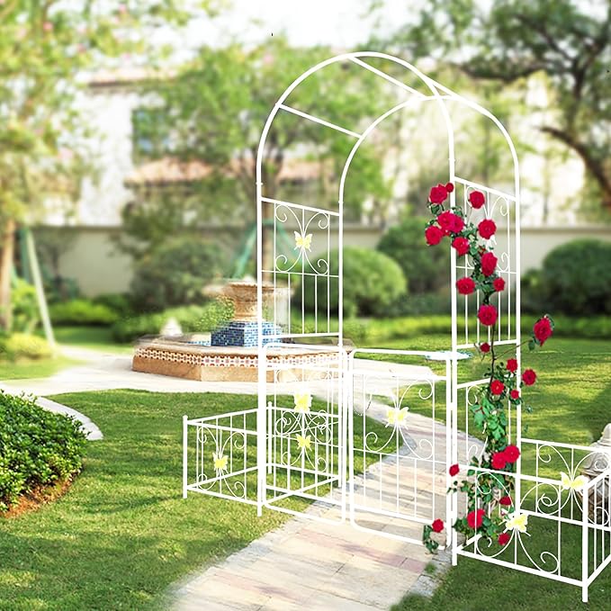 86''H Metal Garden Arch Rustproof Garden Arbor Trellis with Two Plants Stand and Gate 0.63'' Dia Galvanized Tube Plant Trellis for Climbing Plants Rose Jasmine (Cream White)