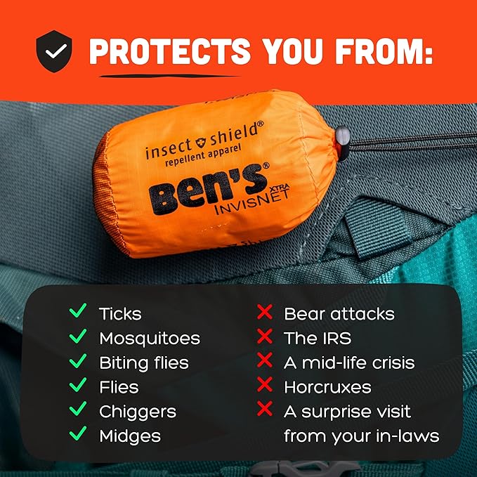 Ben's InvisiNet Xtra with Insect Shield - Comfortable Bug-Repelling Net with Permethrin &amp Drop Neck Design - High-Visibility Head Net with Pull String Sack