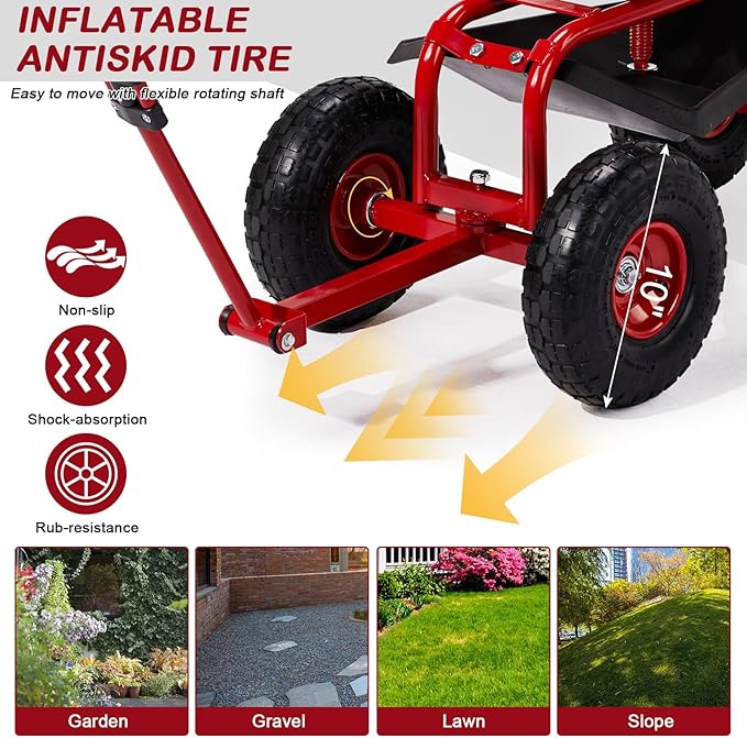 Garden Cart Rolling Workseat with Wheels Gardening Stool Cart Seat with 360 Degree Swivel Seat &amp Extendable Handle &amp Tool Tray Patio Wagon Scooter for Planting Weeding and Outdoor Tasks R