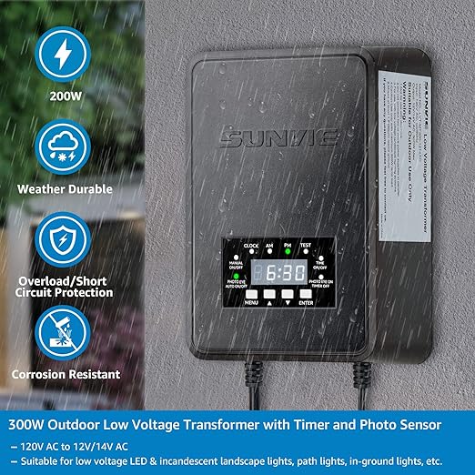 SUNVIE 300W Low Voltage Transformer with Timer and Photocell Sensor Landscape Lighting Transformer Waterproof 120V to 12V/14V AC Outdoor Low Voltage Transformers for Landscape Pathway Lights Spotlight