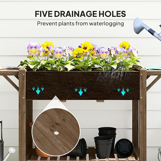 Carbonized Wood Raised Garden Bed Featuring Lockable Wheels Side Shelves Bottom Shelf Hole Drainage Carbonized Surface