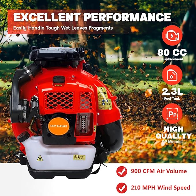 Backpack Leaf Blower 80CC 4.7HP 2-Cycle Gas Leaf Blower 900-CFM &amp 210-MPH Powerful Back Pack Blowers Variable Speed Cruise Control Portable Air Blower for Garden Snow Dirt Debris