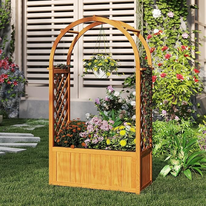 Giantex Raised Garden Bed with Arch Lattice Trellis for Climbing Vine Flower Vegetable Wood Planter Box with Liner &amp Drainage Design Outdoor Plant Container for Yard Balcony (33x15x57)