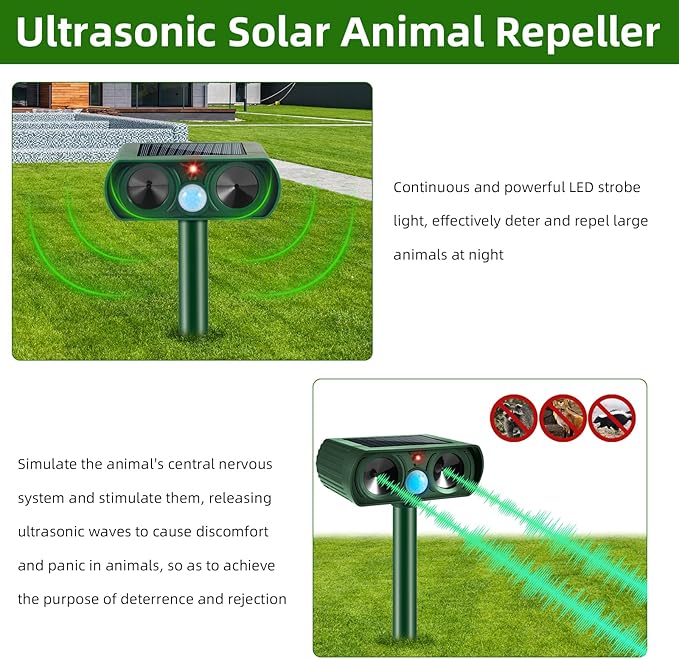 4 Pack Solar Ultrasonic Animal Repellent OutdoorDeer Repellent Motion DetectionWaterproof Deterrent for Cat Squirrel Mouse Raccoon Dog Rabbit