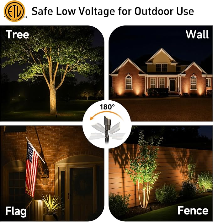 Gardenreet 12V Landscape Spotlight Bundle - 12 Pack Brass Spotlight 65FT 16/2 Cable Outdoor Waterproof LED Fixture for Garden Wall Tree with 5W 2700K Warm White MR16 Bulb