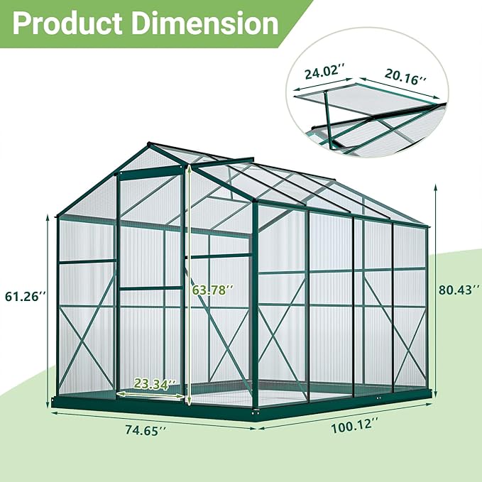 6x8 FT Walk-in Greenhouse Kit with Polycarbonate Panels &amp Aluminum Frame Green Houses for Outside with 2 Vents Greenhouses for Outdoors with Lockable Door Backyard Discovery Greenhouse (Green)