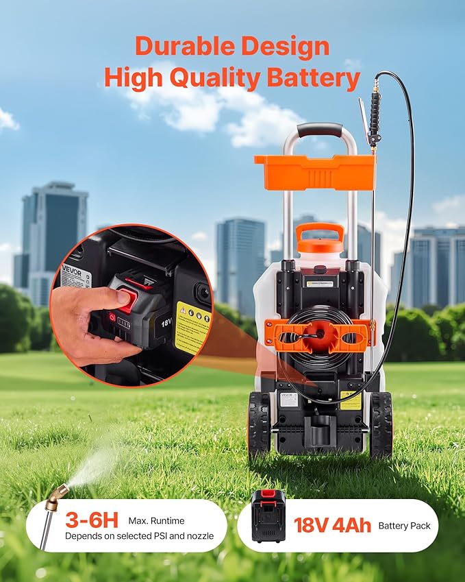 VEVOR Battery-Powered Sprayer with Wheeled Cart 10 Gallons Electric Weed Sprayer Adjustable 0-80 PSI Yard Lawn Sprayers with Wheels 5 Nozzles &amp 98ft Hose 3-6H Spray Time for Weeding Cleanin