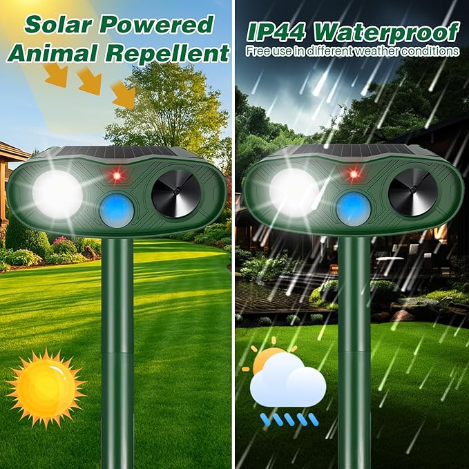 2Pack 2026 Solar Ultrasonic Animal Repellent Outdoor Cat Repellent Devices with Motion Detection&ampFlash Light Squirrel Rabbit Dog Cat DeterrentKeep Rodent Chipmunk Raccoon Deer Away for Yard Garde