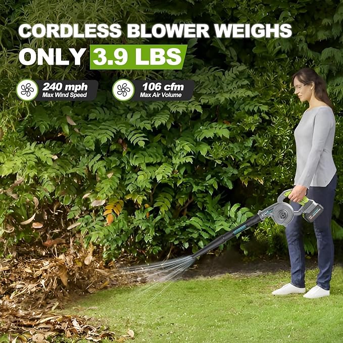 Leaf Blower21V Leaf Blower Cordless with Battery and Charger 106 CFM/240 MPH 2-in-1 Electric Leaf Blowers &amp Vacuum with 3 Speed ModeBlowers for Lawn Care (Grey-4.0Ah-1* Battery)
