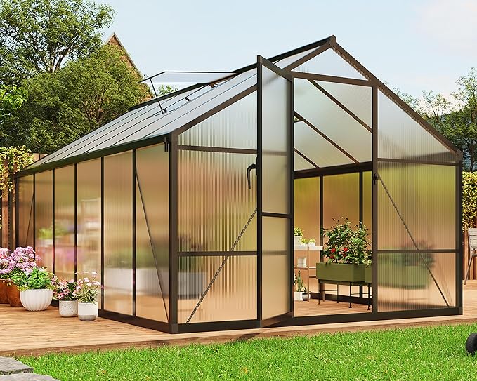 8X12FT Outdoor Greenhouse Aluminum Polycarbonate House Green Houses for Outside with Sliding Doors Ajustable Roof Vent Withstands Bad Weather for Garden or Backyard Black