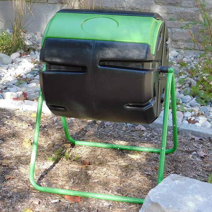 FCMP Outdoor HOTFROG Roto Single Chamber Batch Tumbling Composter - Outdoor Rotating Garden Compost Bin (HF-RM4000) Black &amp Green (37-Gallon)