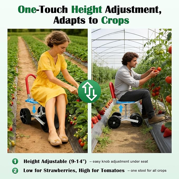 Garden Seat with Wheels 360 ° Rotation and Adjustable Height Rolling Garden Work Seat for Patio Yard Orchard Farmland 3 Wheels