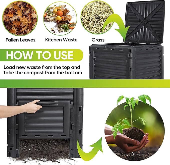 JupiterForce Garden Compost Bin 80 Gallon (300 L) from BPA Free Material Large Composting Bin Outdoor Composter with Gloves Easy Assembling Fast Creation of Fertile Soil Lightweight Black