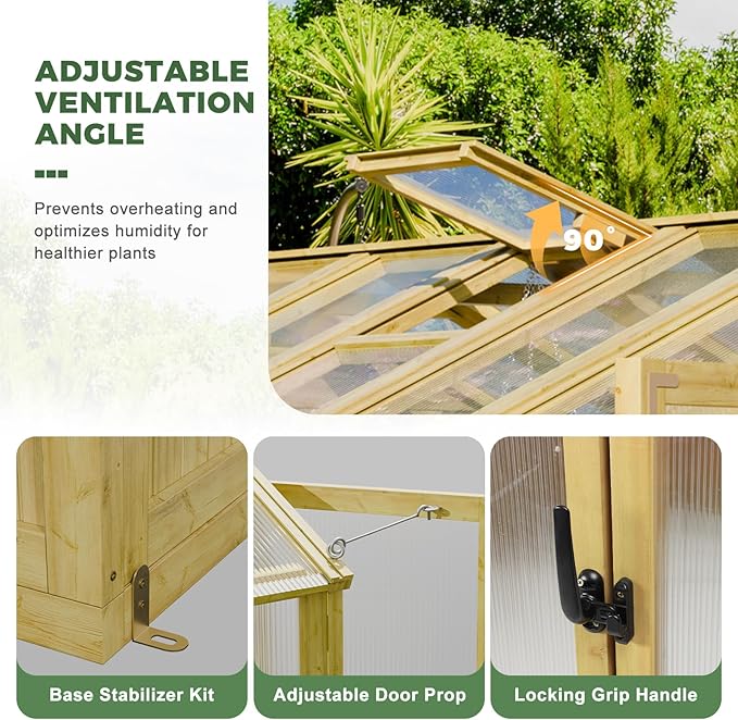 6x8 FT Wood Greenhouses for Outdoors Heavy Duty Outdoor Greenhouse Kit with Adjustable Roof Vent and Reinforced Panels Walk in Polycarbonate Greenhouse for Outside Backyard Garden Yard Natural