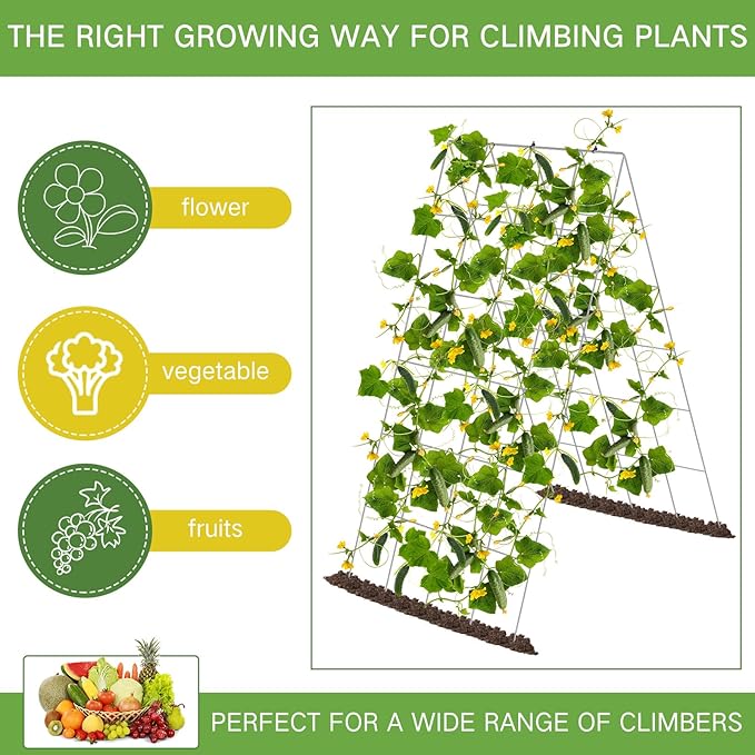 Foldable Cucumber Trellis for Raised Bed 35 x 18 A Frame Garden Trellis for Climbing Plants Vegetables Tomato Pea Grape Metal Cattle Panel Trellis with Gloves (2 Pack)
