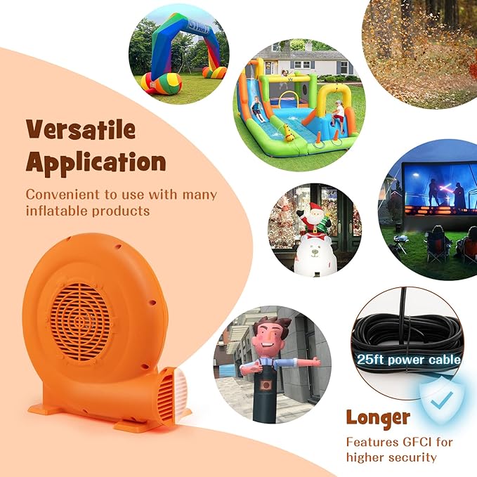 Costzon Air Blower 1.0HP Blower for Bounce House with 25FT SJTW Wire &amp Stakes GFCI Plug ETL 750W Perfect for Inflatable Bouncer Blower Orange IPX4 Air Blower for Inflatables