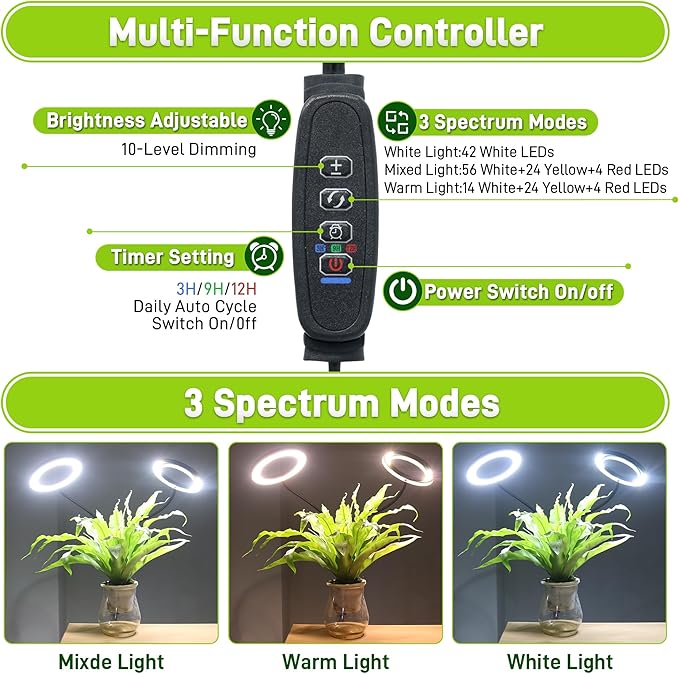 Grow Lights for Indoor PlantsDouble Head Full Spectrum LED Plant Light with Stand6 Dimmable Levels &amp 3 Lighting Modes Auto On Off Timer 3/9/12H 38-67 inches Adjustable Height Black
