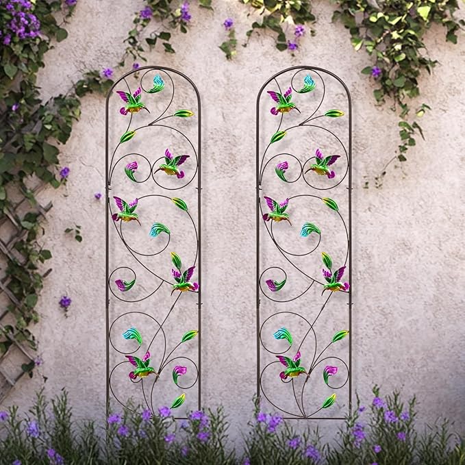 Set of 2 Hummingbird Metal Garden Trellis for Climbing Plants Decorative Vegetables Flowers Vine Trellis for Outdoor Patio 60'' H x 12.5'' W Elegant Hummingbird Design