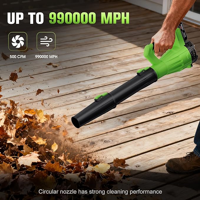 Cordless Leaf Blower 21V 6-Speed High Power Electric Blower with 6.0Ah Battery Lightweight Design 2 Batteries &amp Fast Charger for Lawn Patio Dust and Leaves（Black Green）