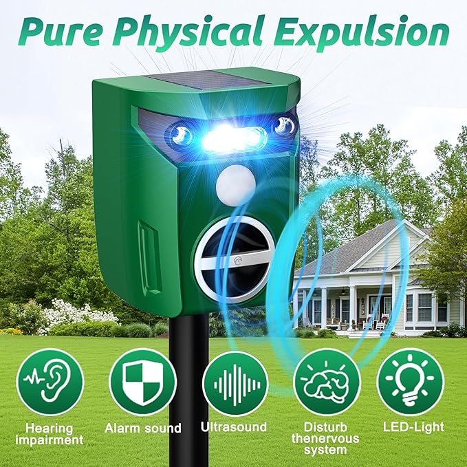 Solar Ultrasonic Animal Repeller Deer Repellent Devices with LED Strober Light &amp Motion Sensor Waterproof Cat Deterrent Repels Deer Dog Raccoon Squirrel Skunk RabbitRepellent for Yard
