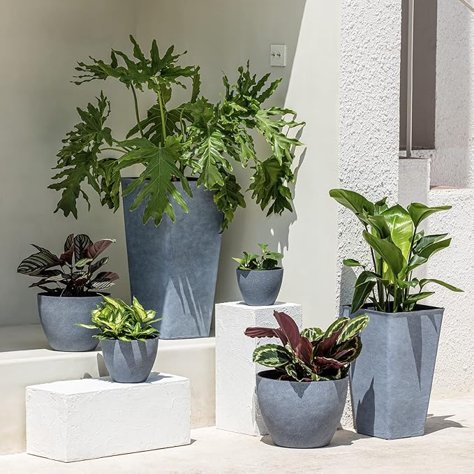 LA JOLIE MUSE Flower Pots Outdoor Garden Planters Indoor Plant Pots with Drainage Holes Weathered Grey (8.6 + 7.5 Inch)