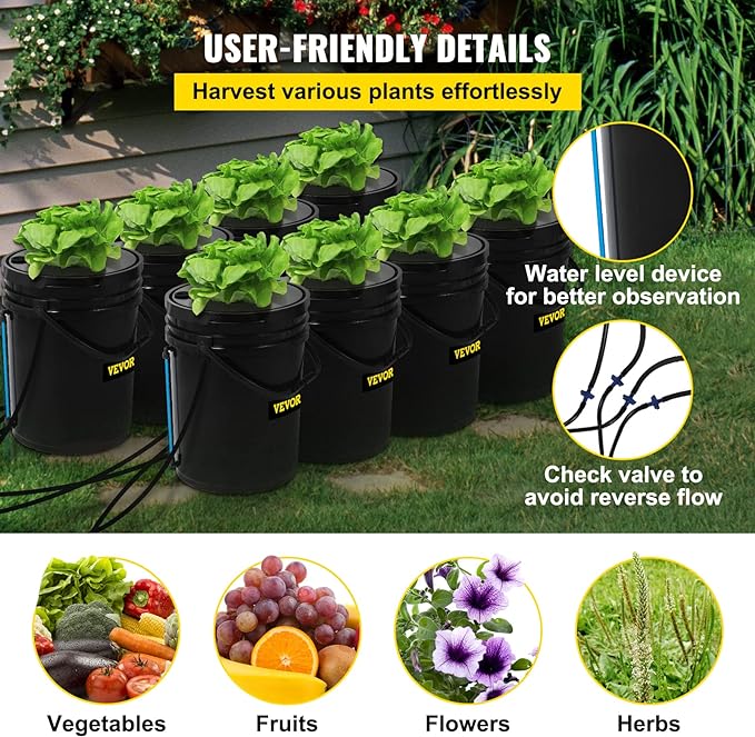 VEVOR DWC Hydroponic System 5 Gallon 8 Buckets Deep Water Culture Growing Bucket Hydroponics Grow Kit with Pump Air Stone and Water Level Device for Indoor/Outdoor Leafy Vegetables