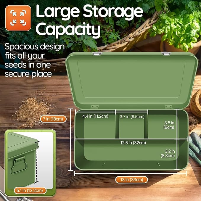 Flexzion Seed Saving Box - Metal Seed Storage Organizer Box with Lid 4 Spacious Compartments Storage Bin for Garden Tools &amp More with Safety Locks Green