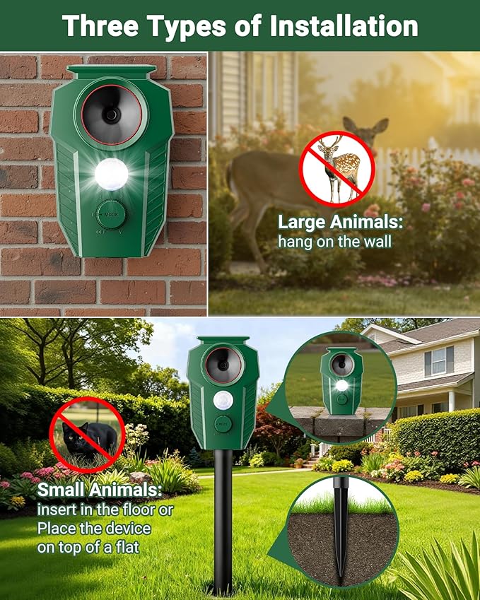 Solar Ultrasonic Animal Repellent Outdoor - Deer Repellent Devices with Motion Sensor &amp Flashing Lights Waterproof Deterrent for Yard Garden to Repel Cats Squirrels Raccoons